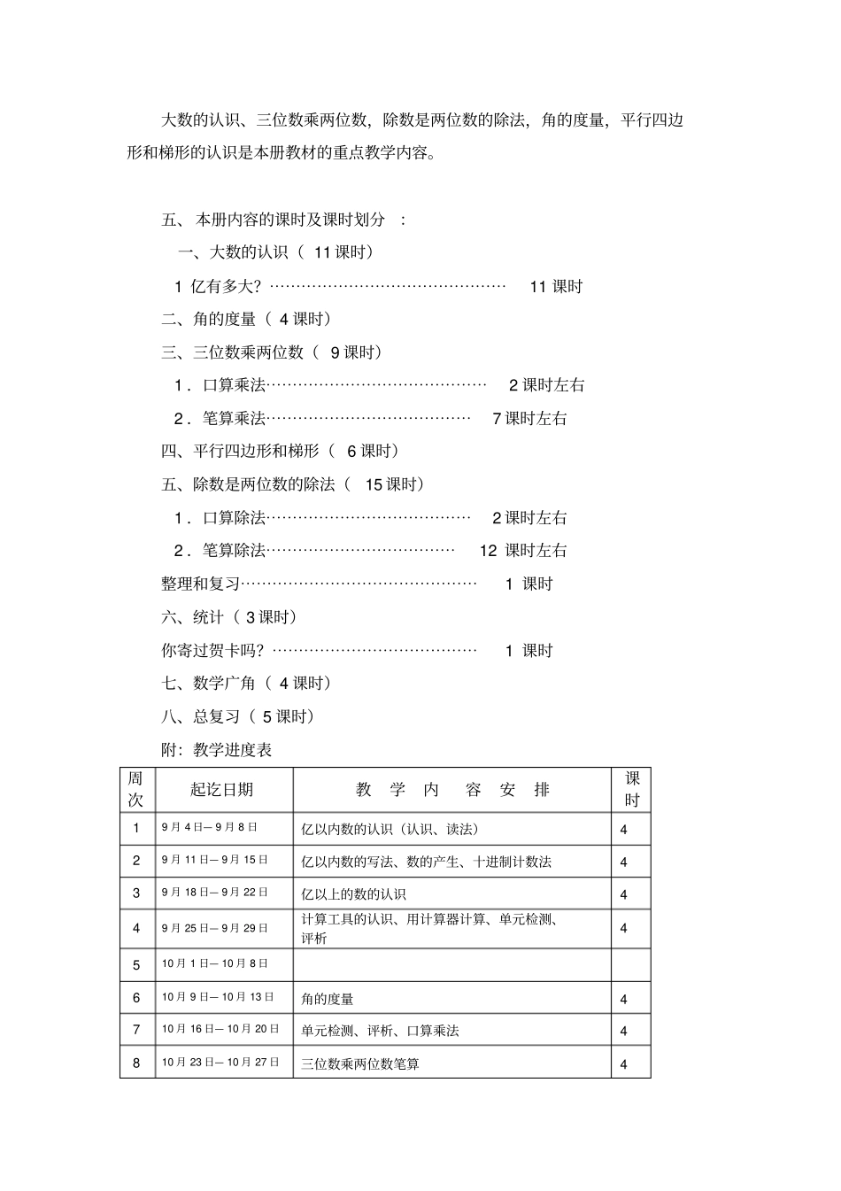完整版2017人教版小学数学四年级上册教学计划_第2页