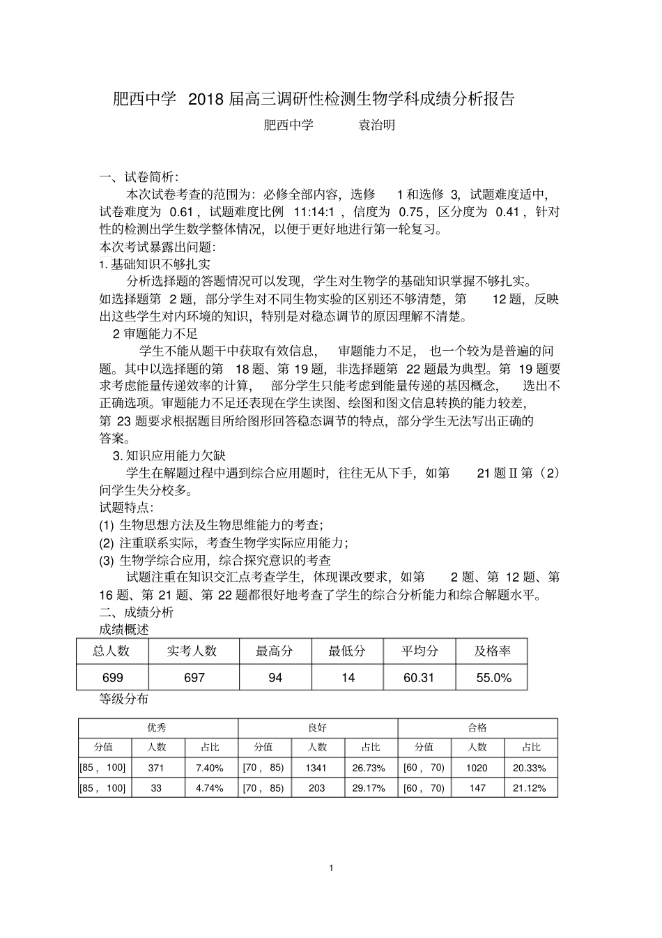 完整版2018届高三调研性检测生物成绩分析报告_第1页