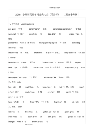 完整版2018年小升初英语单词分类大全带音标