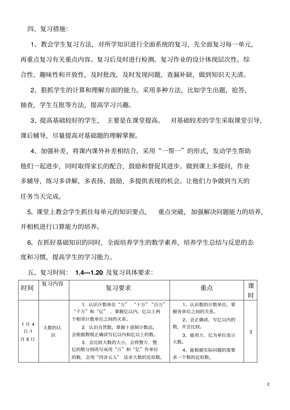 完整版2018年最新版人教版四年级上册数学期末复习计划_第2页