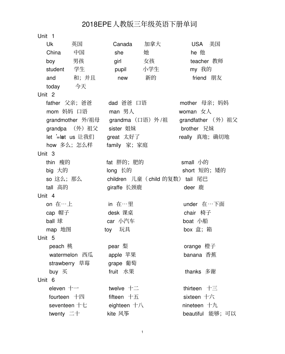 完整版2018整理新版人教版pep小学英语三年级下册期末总复习知识点归纳,推荐文档_第1页