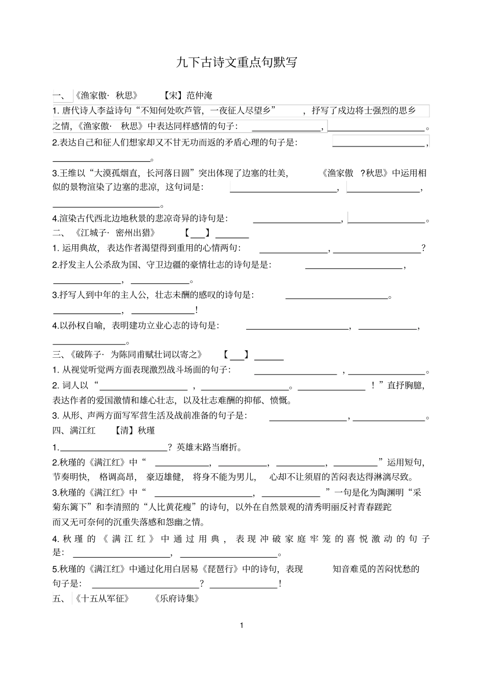 完整版2019部编版九下古诗文重点句默写_第1页