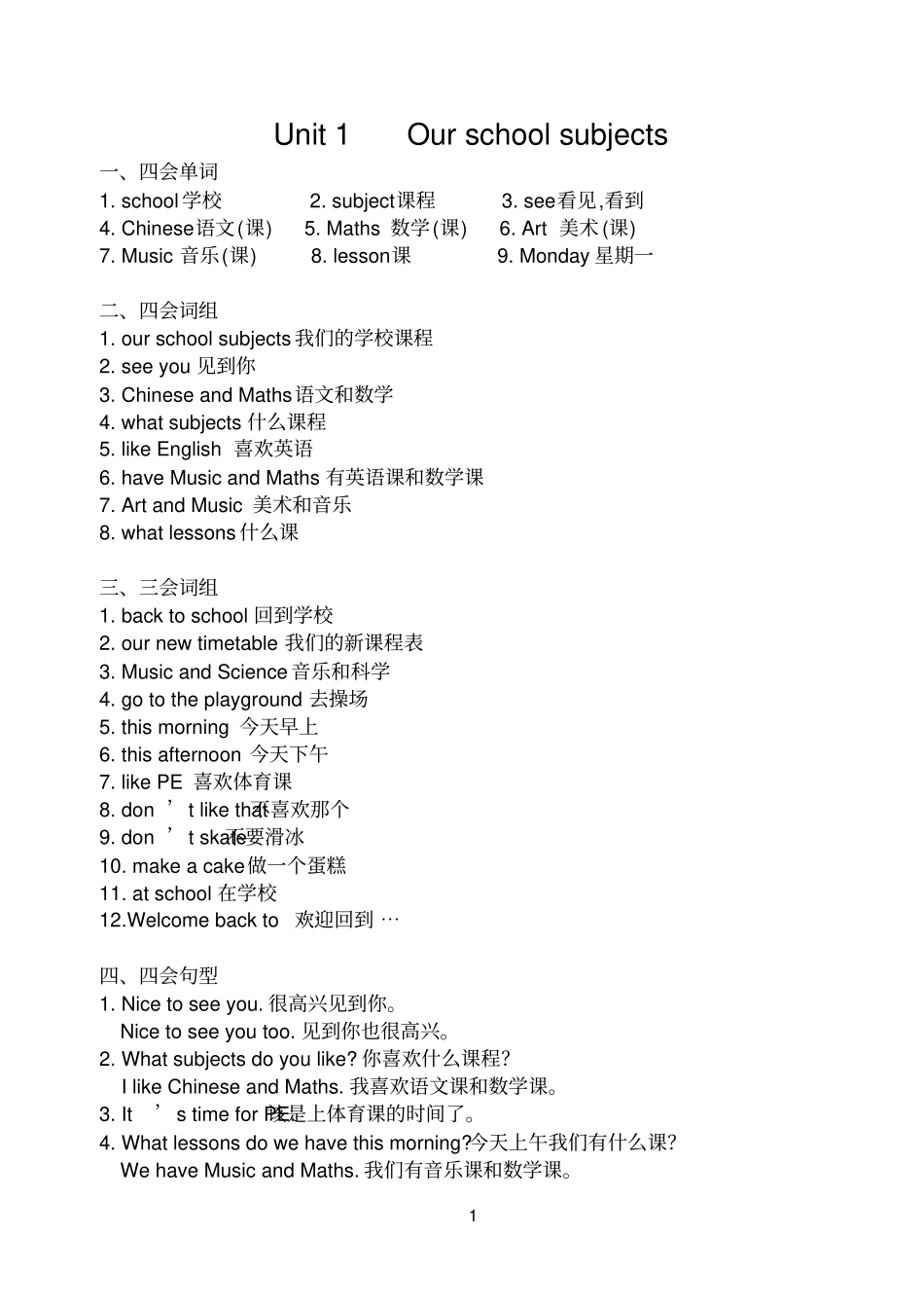 完整版4BUnit1知识点归纳+习题,推荐文档_第1页