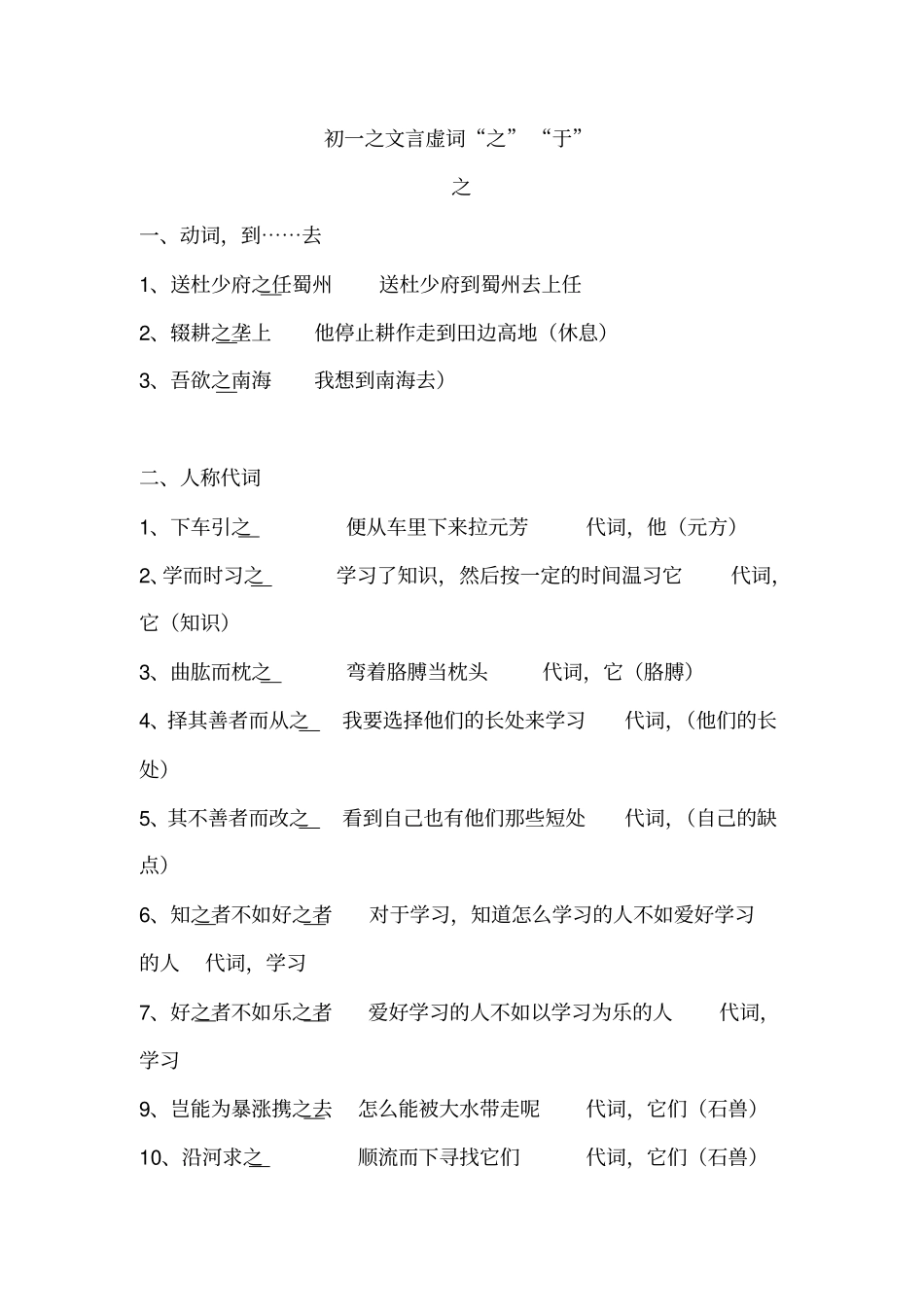 完整版7年级虚词之、于、其、而,用法整理大全,推荐文档_第1页