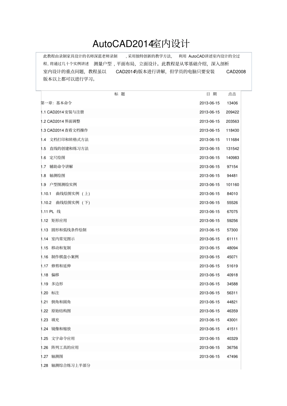 完整版AutoCAD2014室内设计教学大纲_第1页