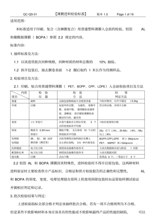 完整版BOPP薄膜进料检验标准QC-QS-01资料