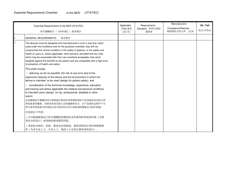 完整版EssentialRequirementsChecklistoftheMDD0747EC基本要求检查表中英文_第1页