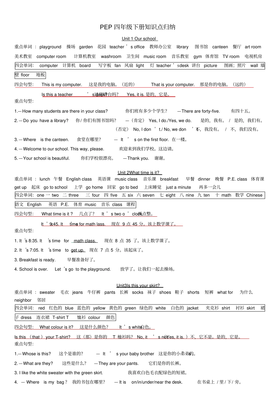 完整版PEP小学英语四年级下册知识点归纳,推荐文档_第1页