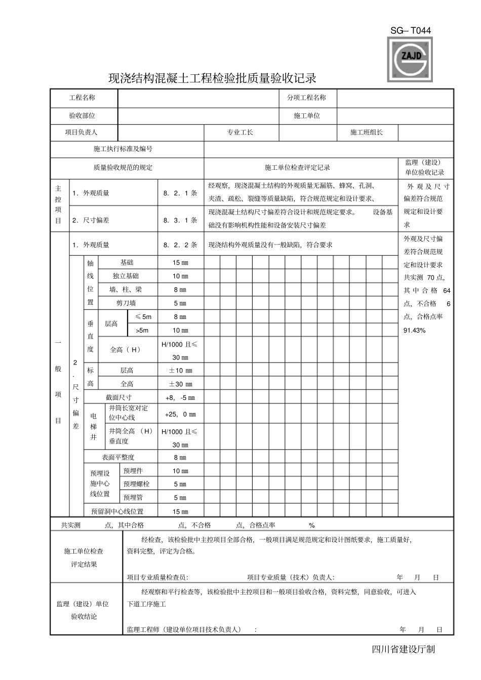 完整版SG-T044现浇结构混凝土工程检验批质量验收记录_第1页