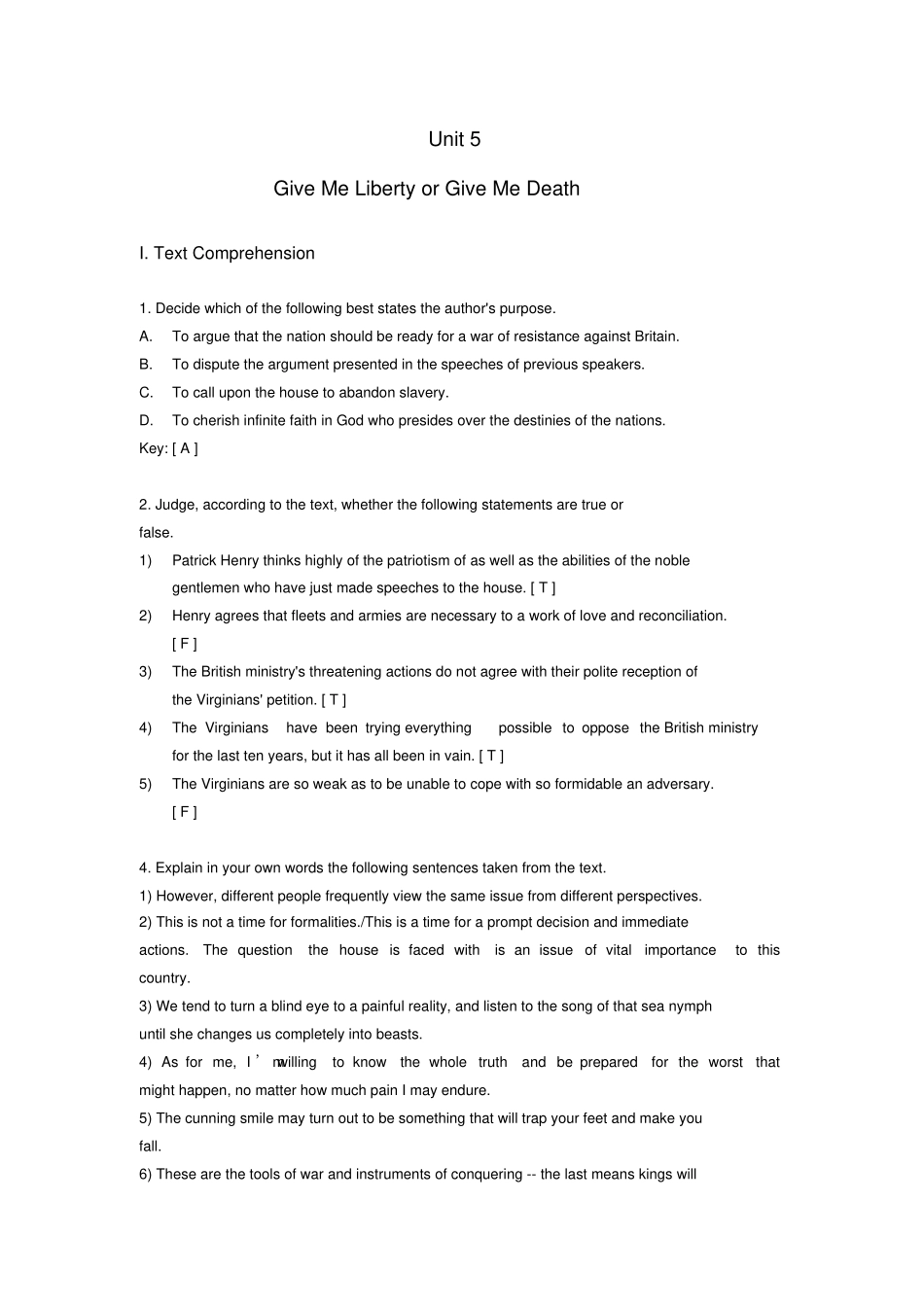 完整版Unit5GiveMeLibertyorGiveMeDeath练习答案_第1页