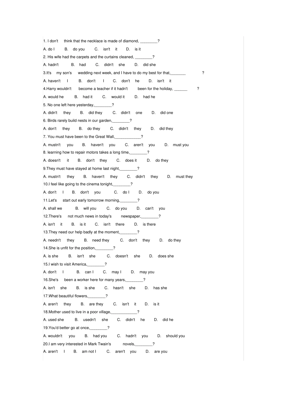 完整版、中考英语反义疑问句练习题附答案_第1页