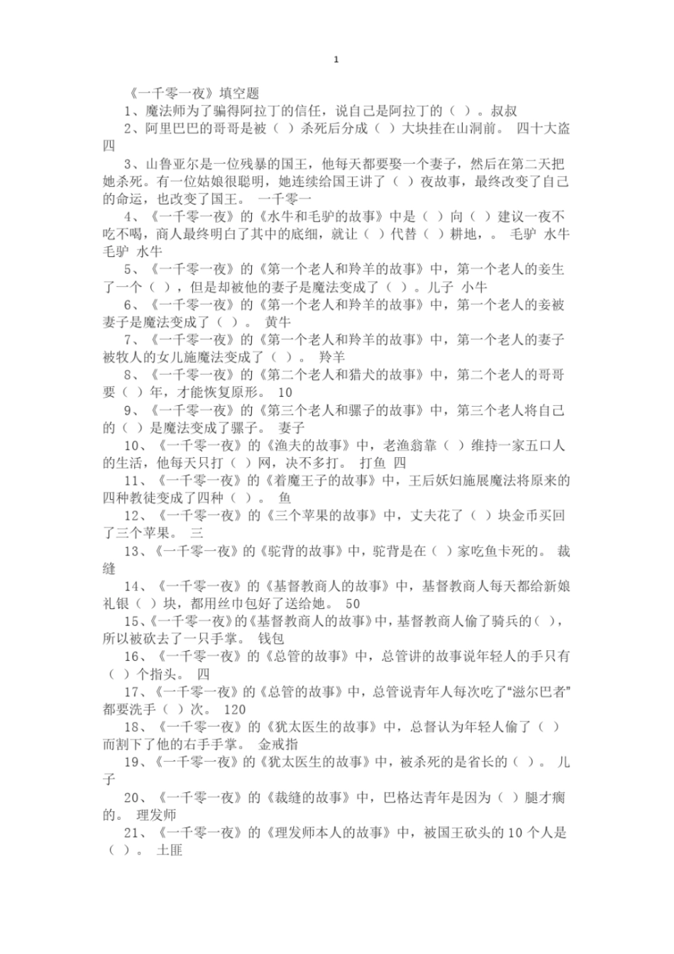 完整版一千零一夜阅读试题及答案全_第1页