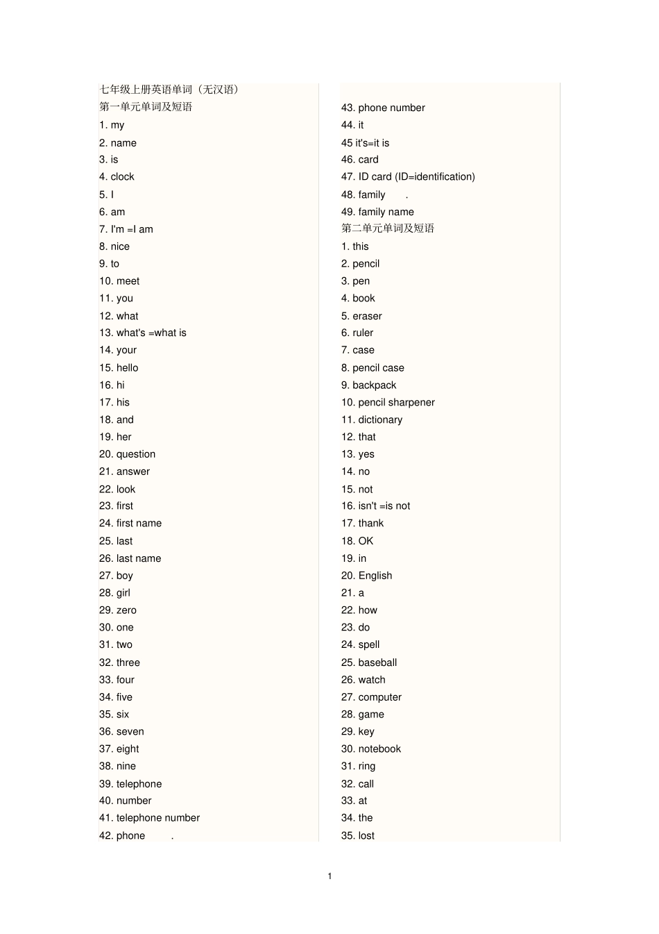 完整版七年级上册英语单词表人教版无汉语_第1页