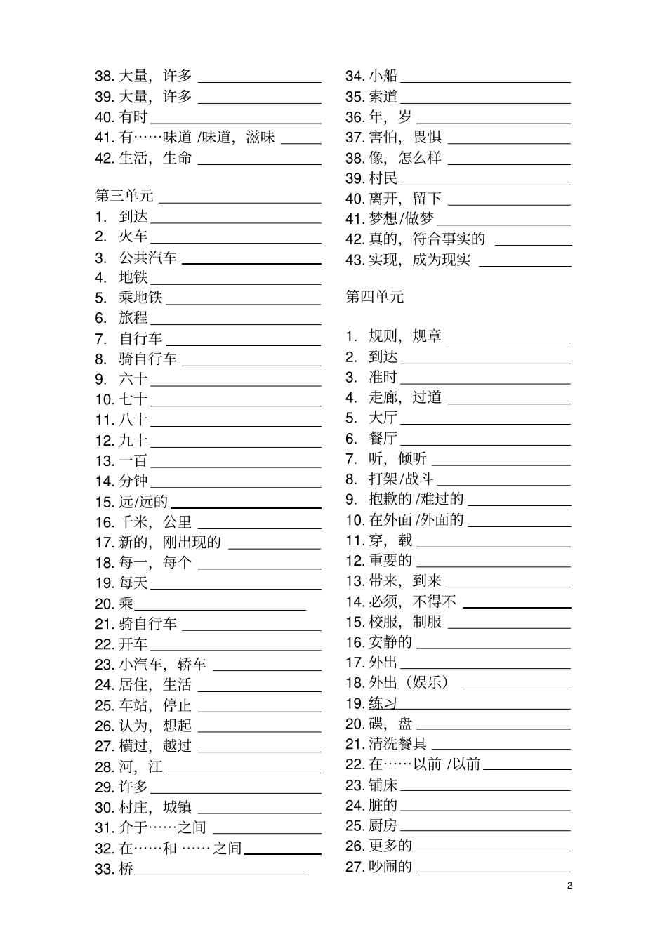 完整版七年级下人教版英语单词自测表实用七下考词表_第2页