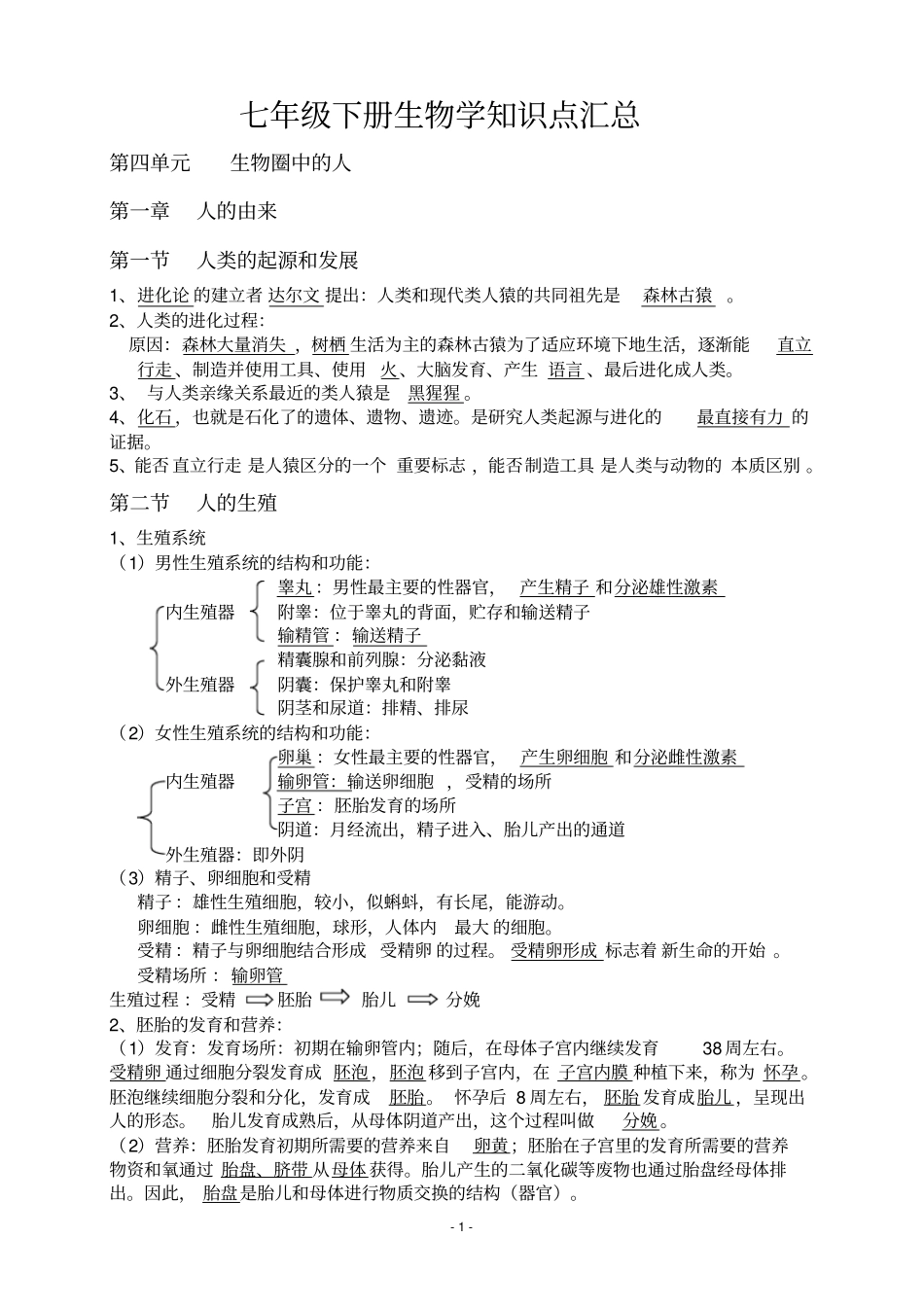 完整版七年级下册生物学知识点汇总精华版,推荐文档_第1页