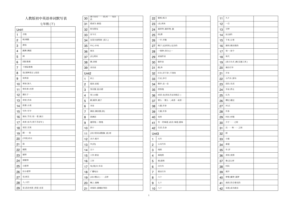完整版七年级下册英语单词默写表直接打印_第1页