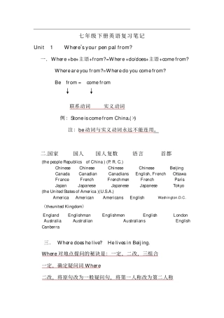 完整版七年级下册英语复习笔记