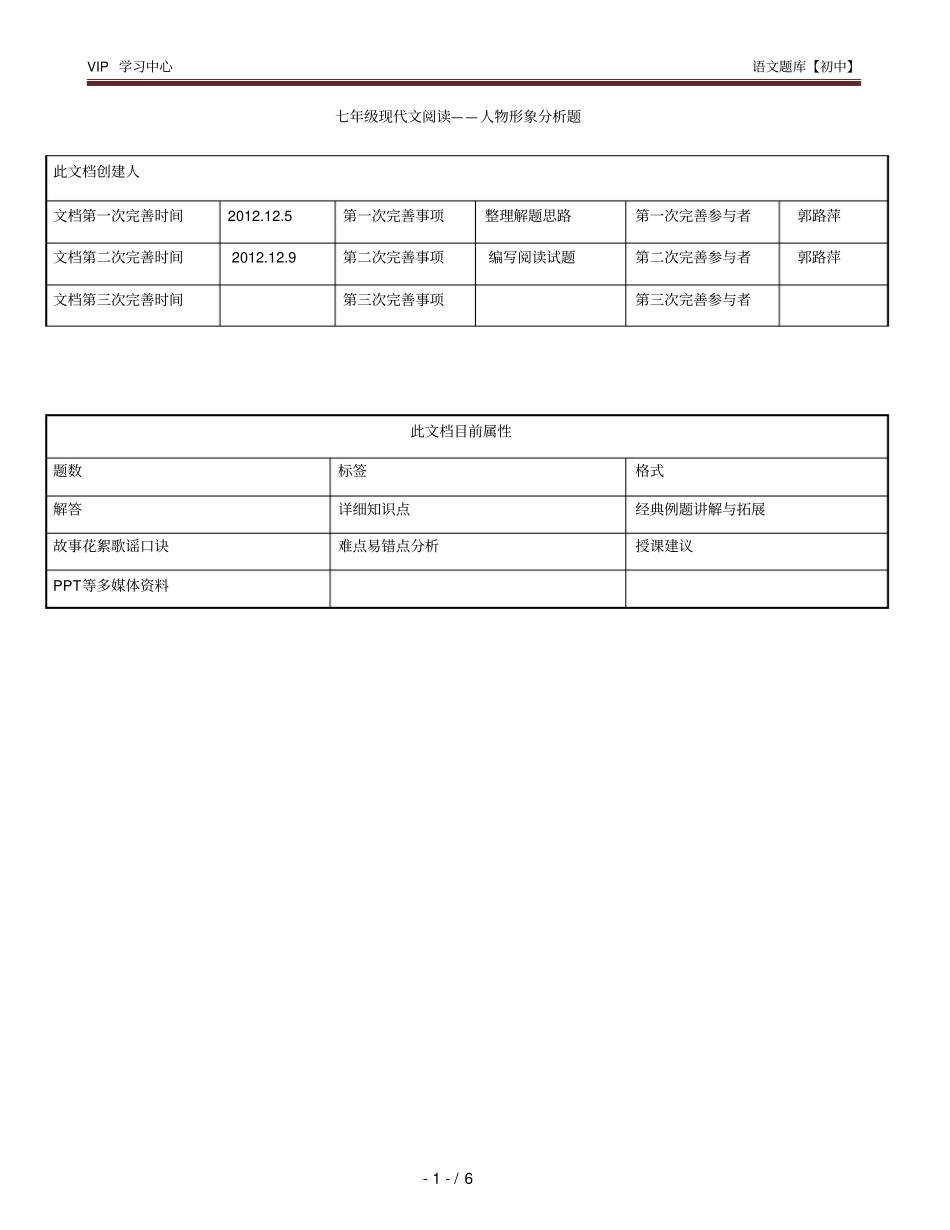 完整版七年级现代文阅读——人物形象分析题_第1页