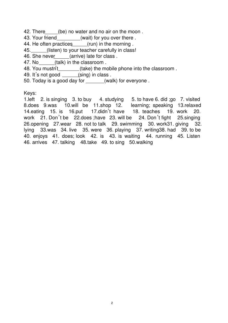 完整版七年级英语下册用所给动词的正确形式填空专练附答案_第2页