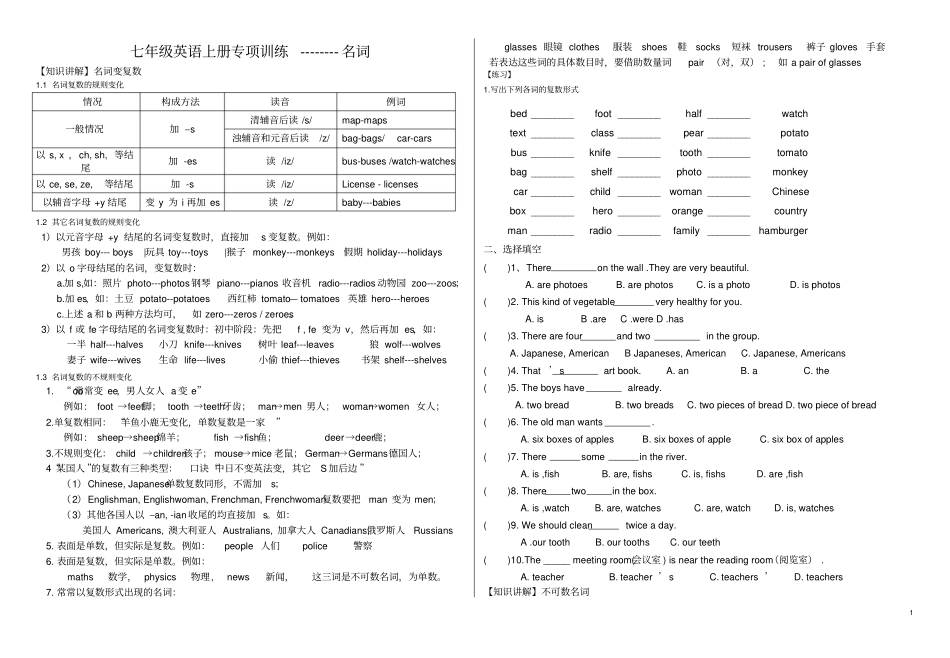 完整版七年级英语专项训练----名词_第1页