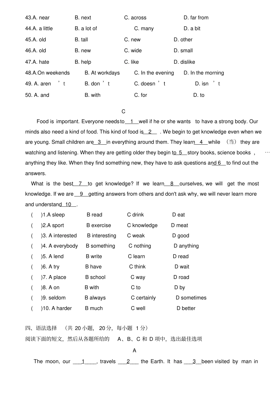 完整版七年级英语完形填空与语法选择专项训练_第2页