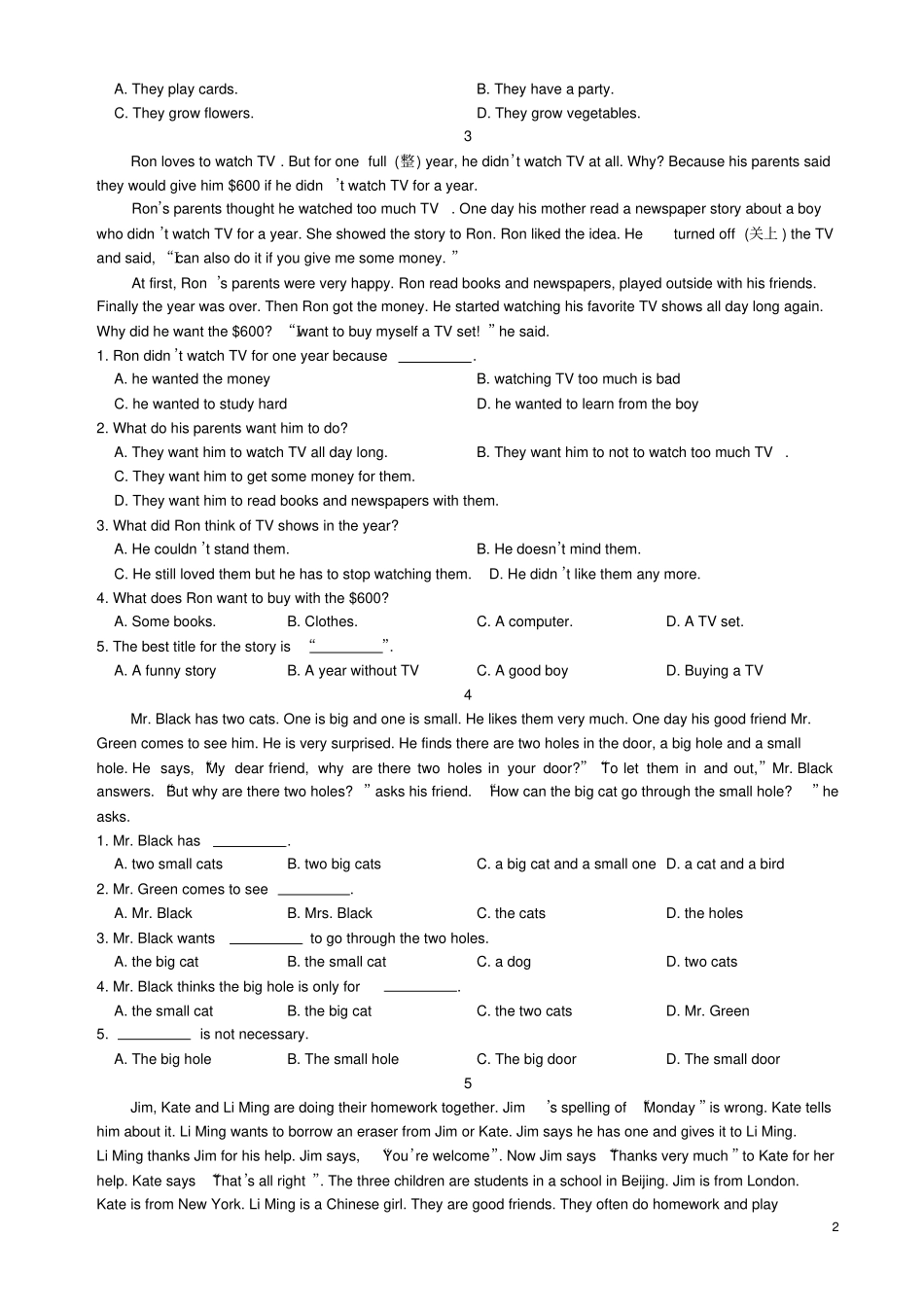 完整版七年级英语阅读理解专项训练附答案_第2页