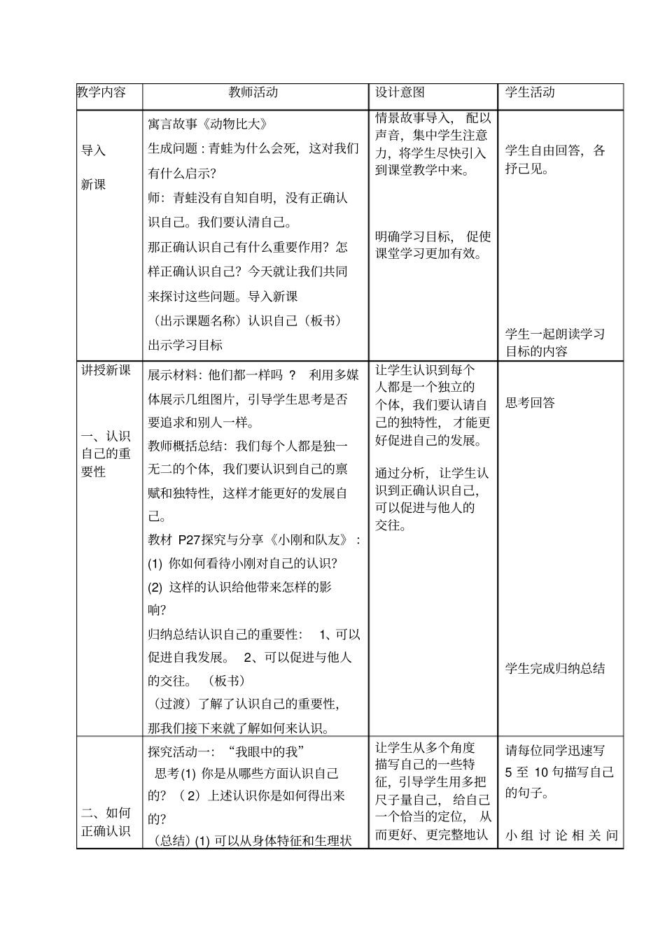 完整版七年级道德与法治认识自己教学设计_第2页