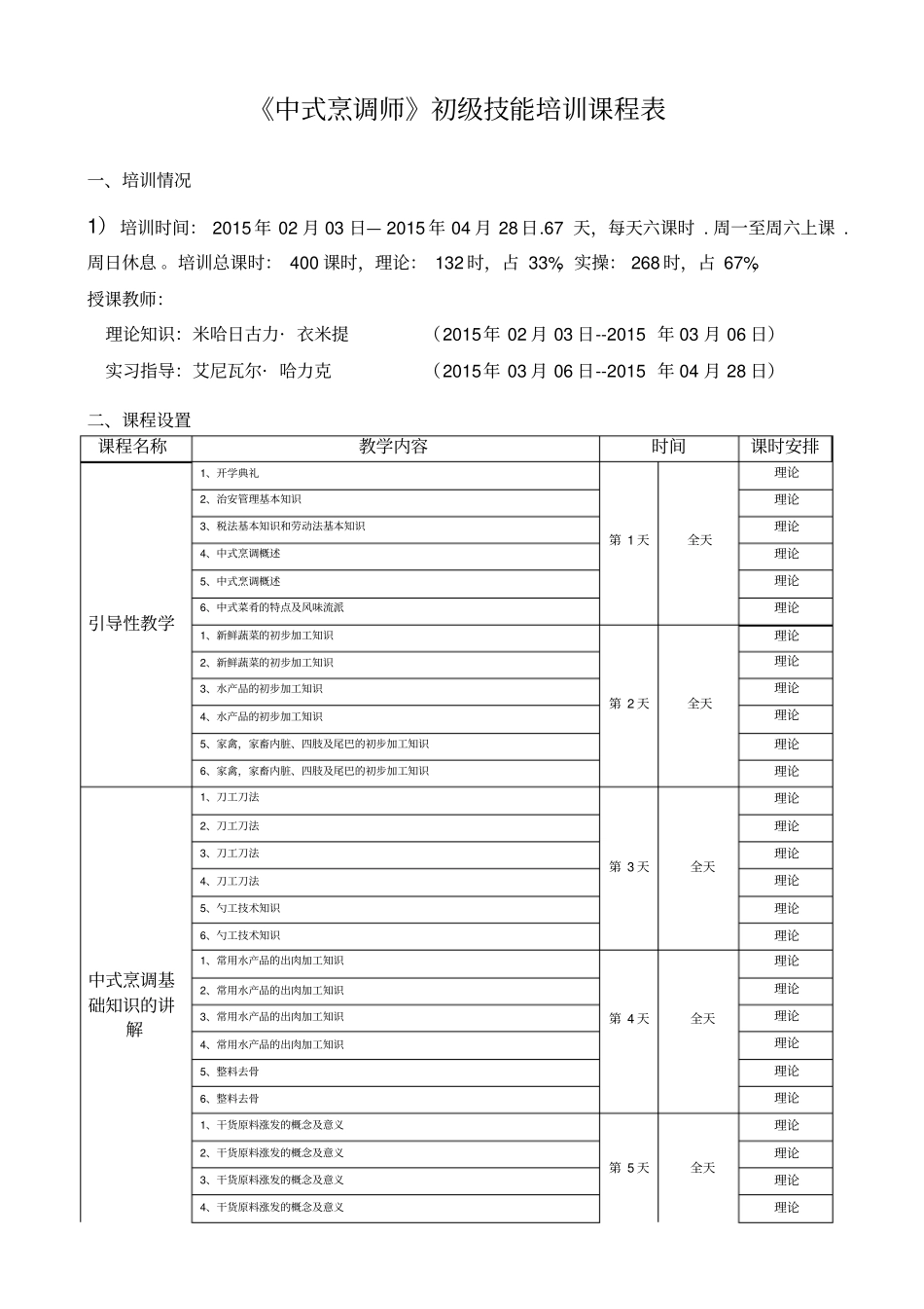 完整版中式烹调师课程表_第1页