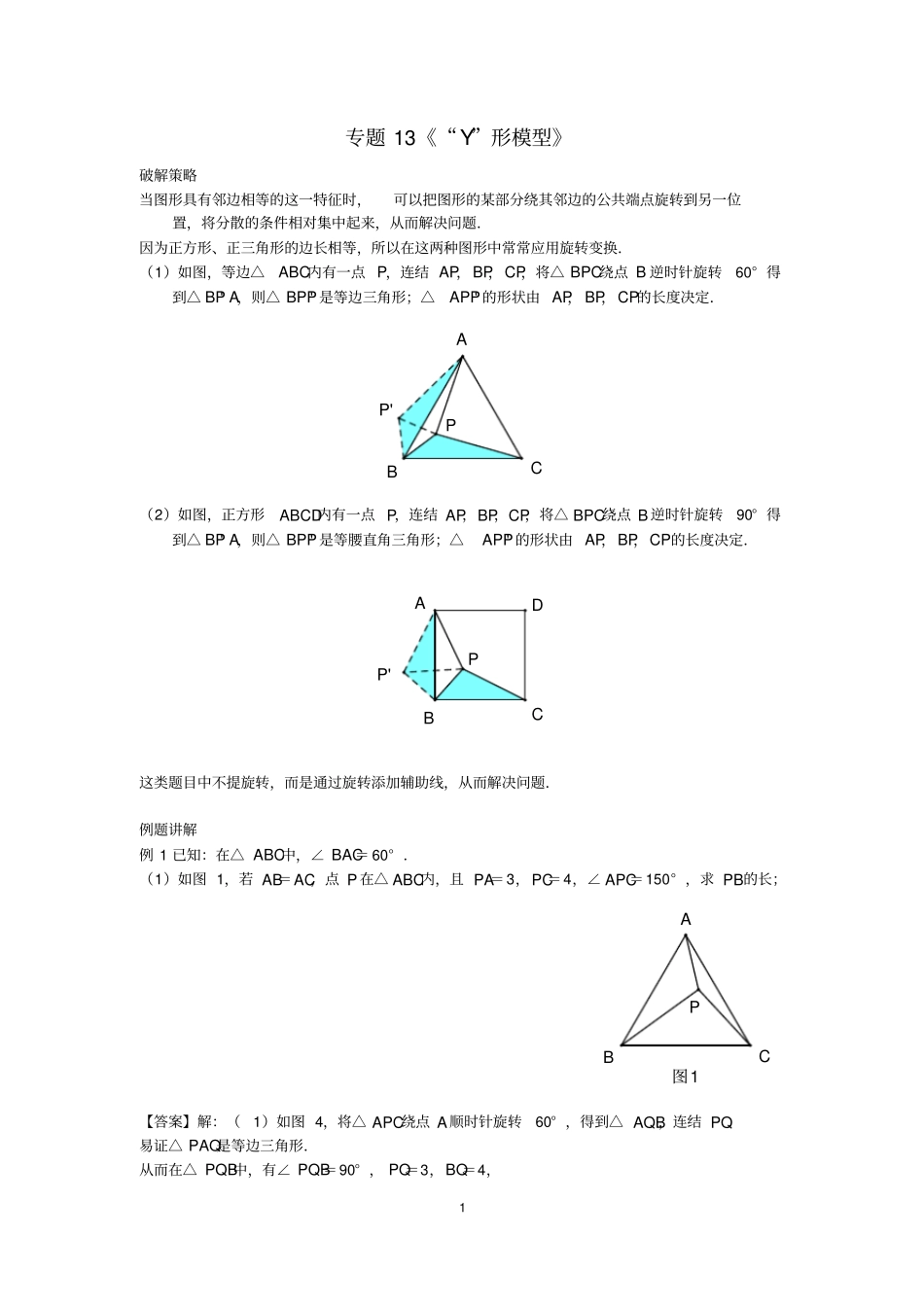 完整版中考数学压轴题破解策略专题13Y形模型_第1页