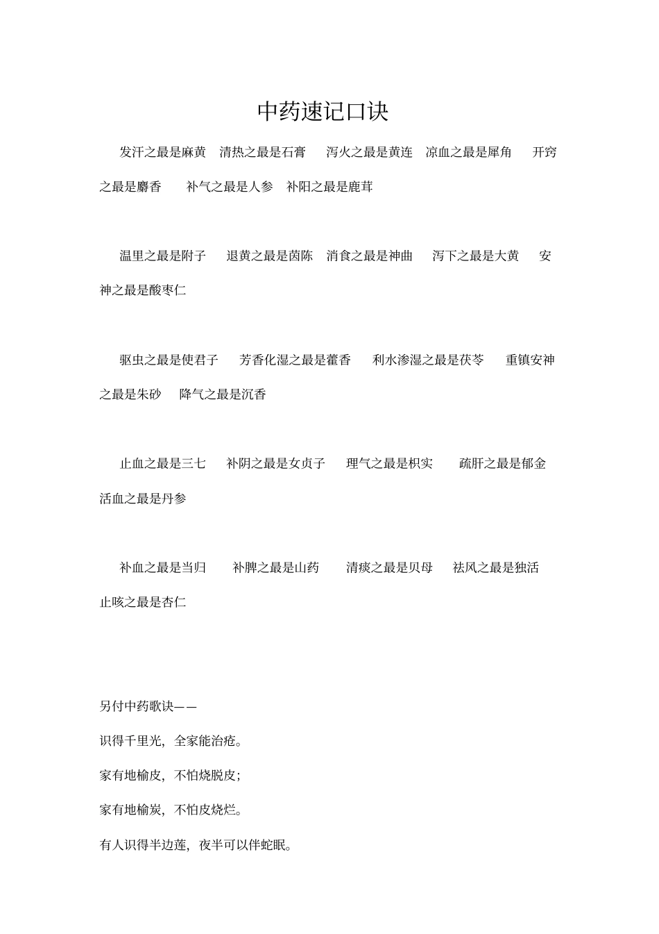 完整版中药速记口诀_第1页