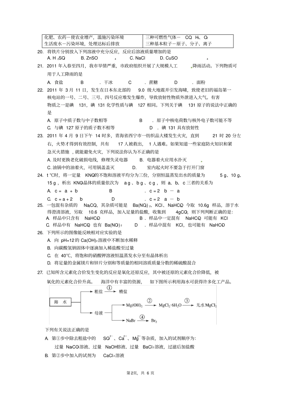 完整版九年级化学中考模拟试卷附答案_第2页