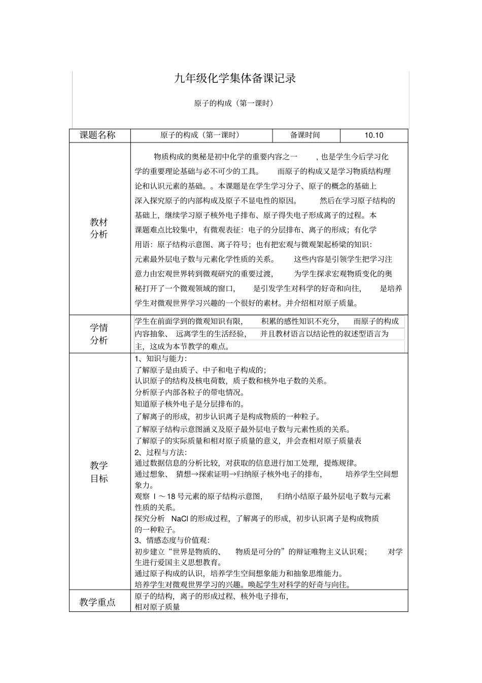 完整版九年级化学集体备课记录_第1页