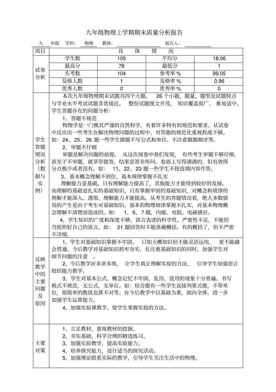 完整版九年级物理上学期期末质量分析报告_第1页