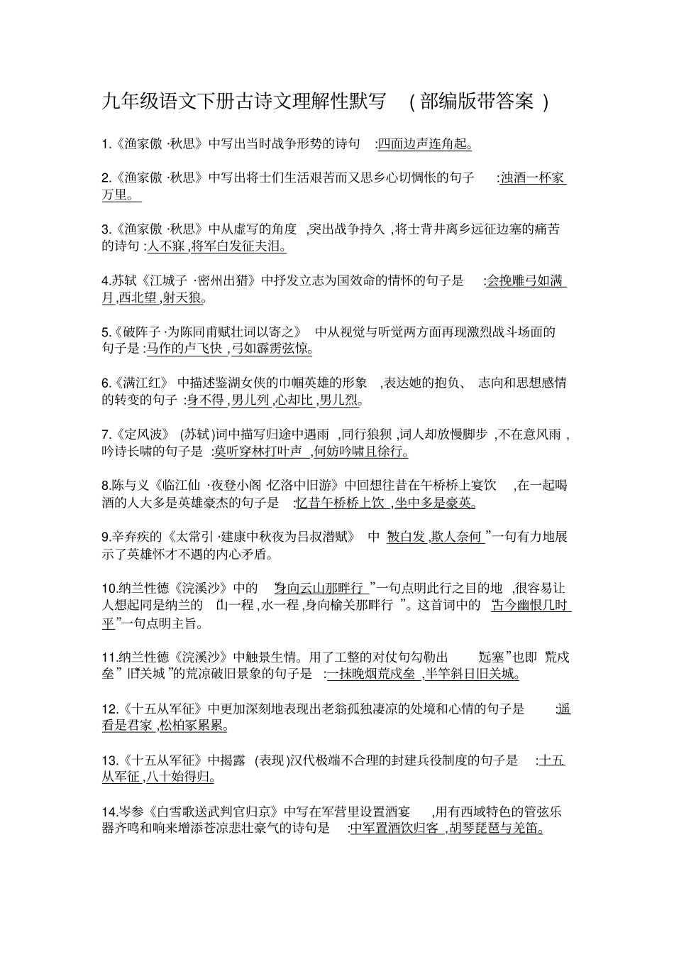 完整版九年级语文下册古诗文理解性默写部编版带答案_第1页