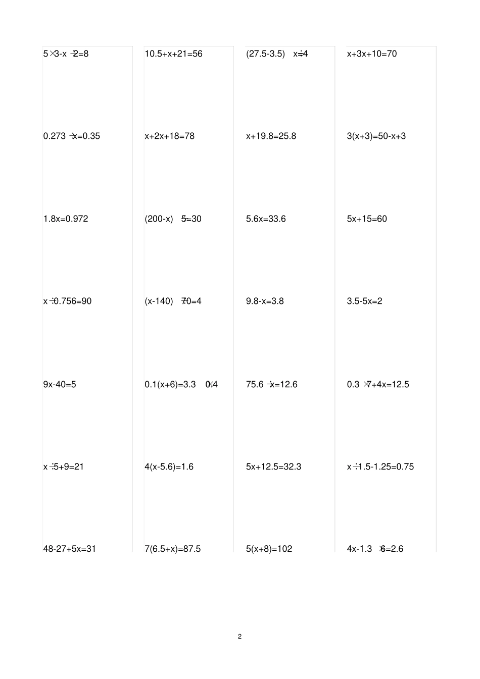 完整版五年级上册解方程计算题_第2页