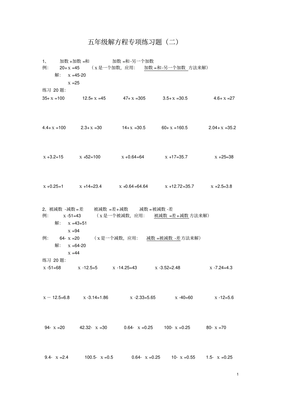 完整版五年级下册解方程专项练习题二_第1页