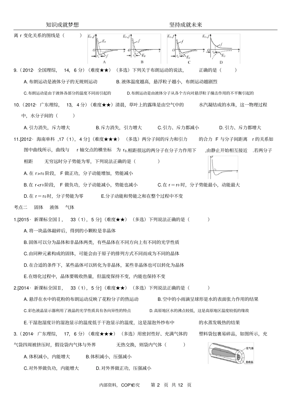 完整版五年高考真题高考物理专题选修3热学打印版_第2页