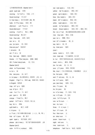 完整版人教新目标英语七上英语单词表含音标
