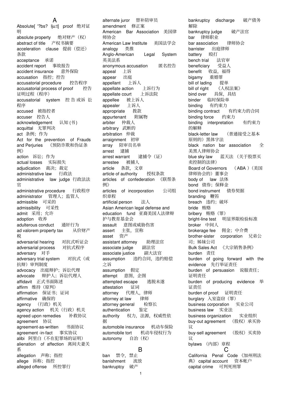 完整版何家弘法律英语第四版词汇大全_第1页
