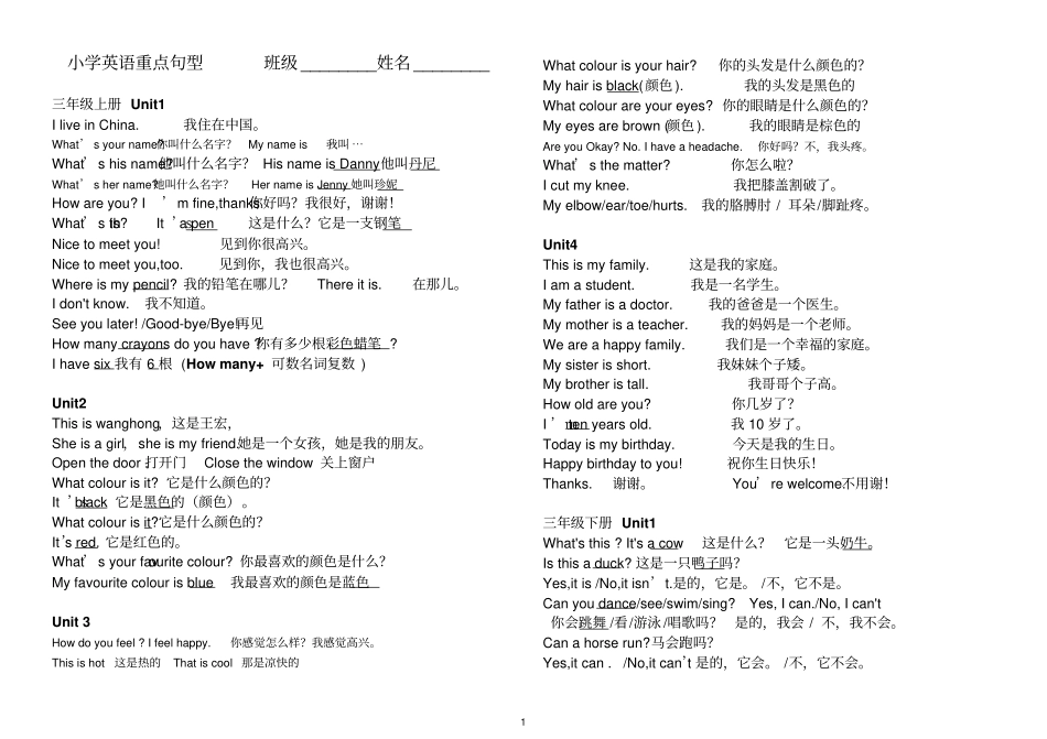 完整版冀教版小学英语重点句型最新版本_第1页