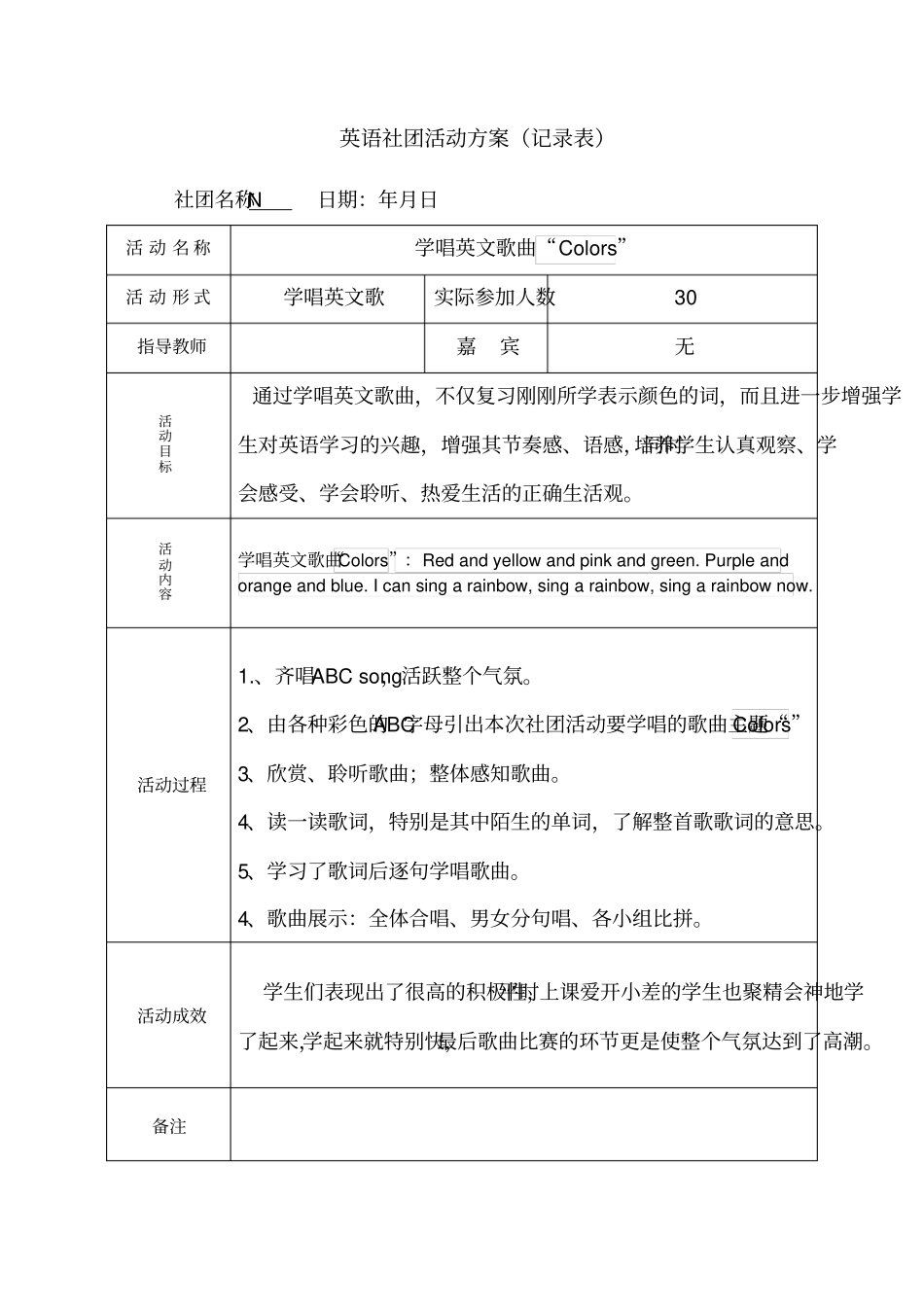 完整版初中英语社团活动记录_第1页