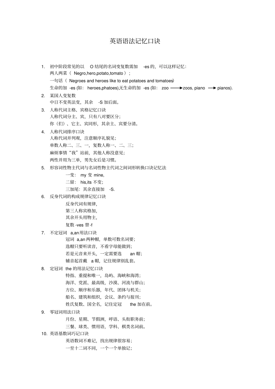 完整版初中英语语法记忆小口诀_第1页