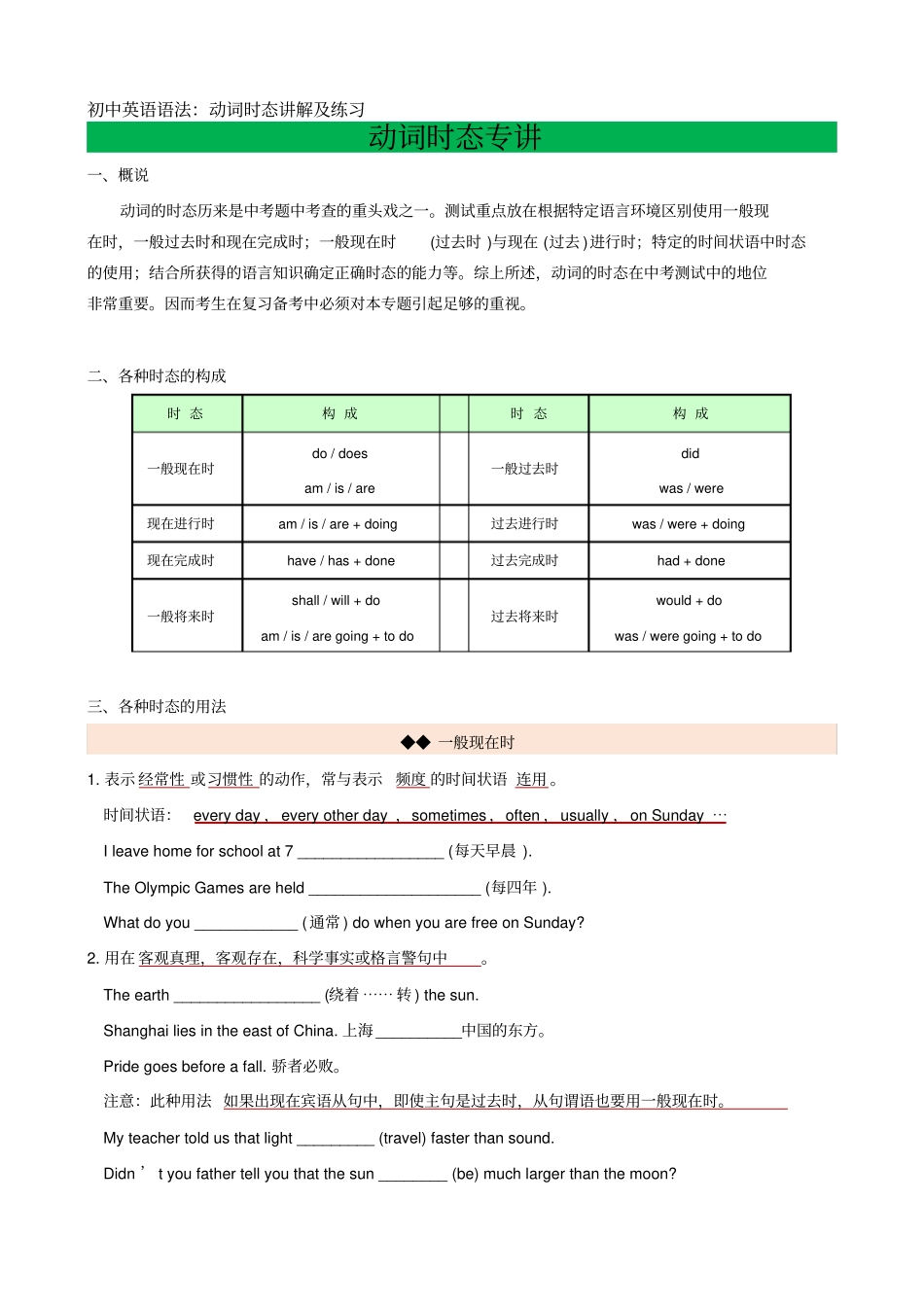 完整版初中英语语法：动词时态讲解及练习_第1页