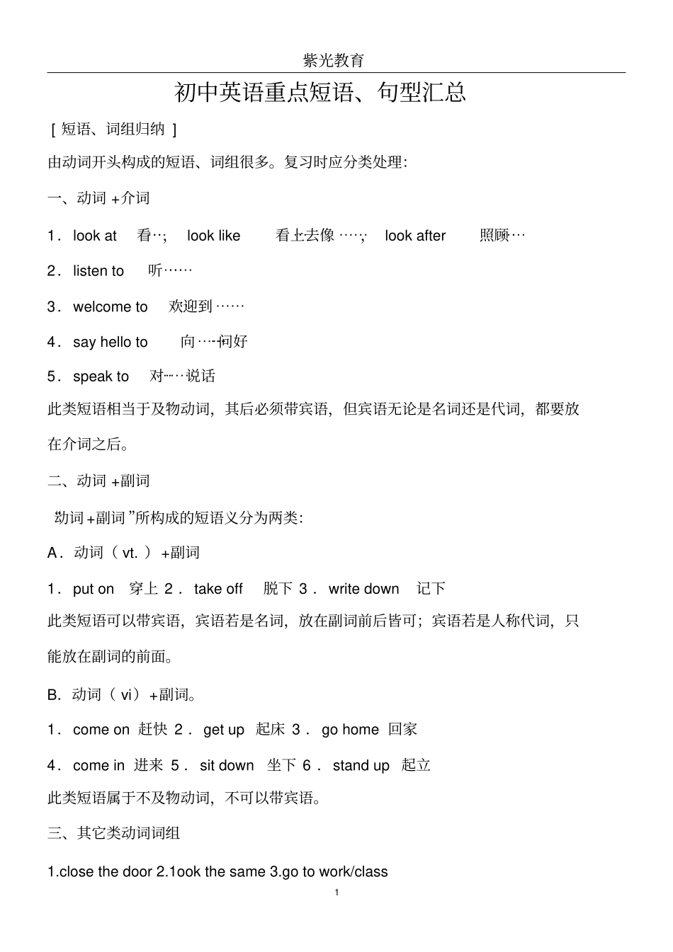 完整版初中英语重点句型、短语中考必背_第1页