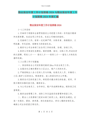物业保安年度工作计划表格2024与物业保安年度工作计划表格2024年度汇编
