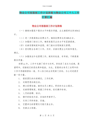 物业公司客服部工作计划表格与物业公司工个人工作打算汇编