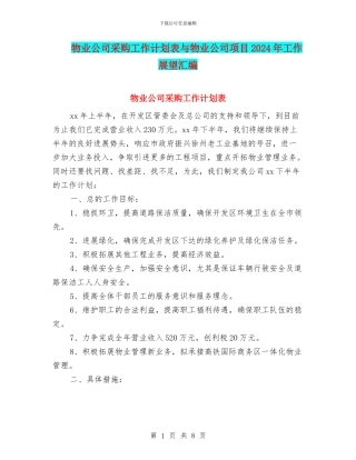 物业公司采购工作计划表与物业公司项目2024年工作展望汇编