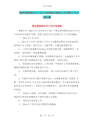 物业客服部本月工作计划表格与物业小区消防工作计划汇编