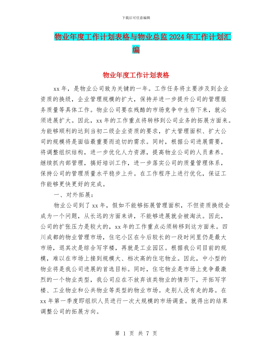 物业年度工作计划表格与物业总监2024年工作计划汇编_第1页