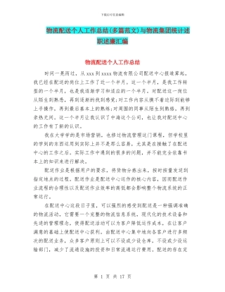 物流配送个人工作总结与物流集团统计述职述廉汇编